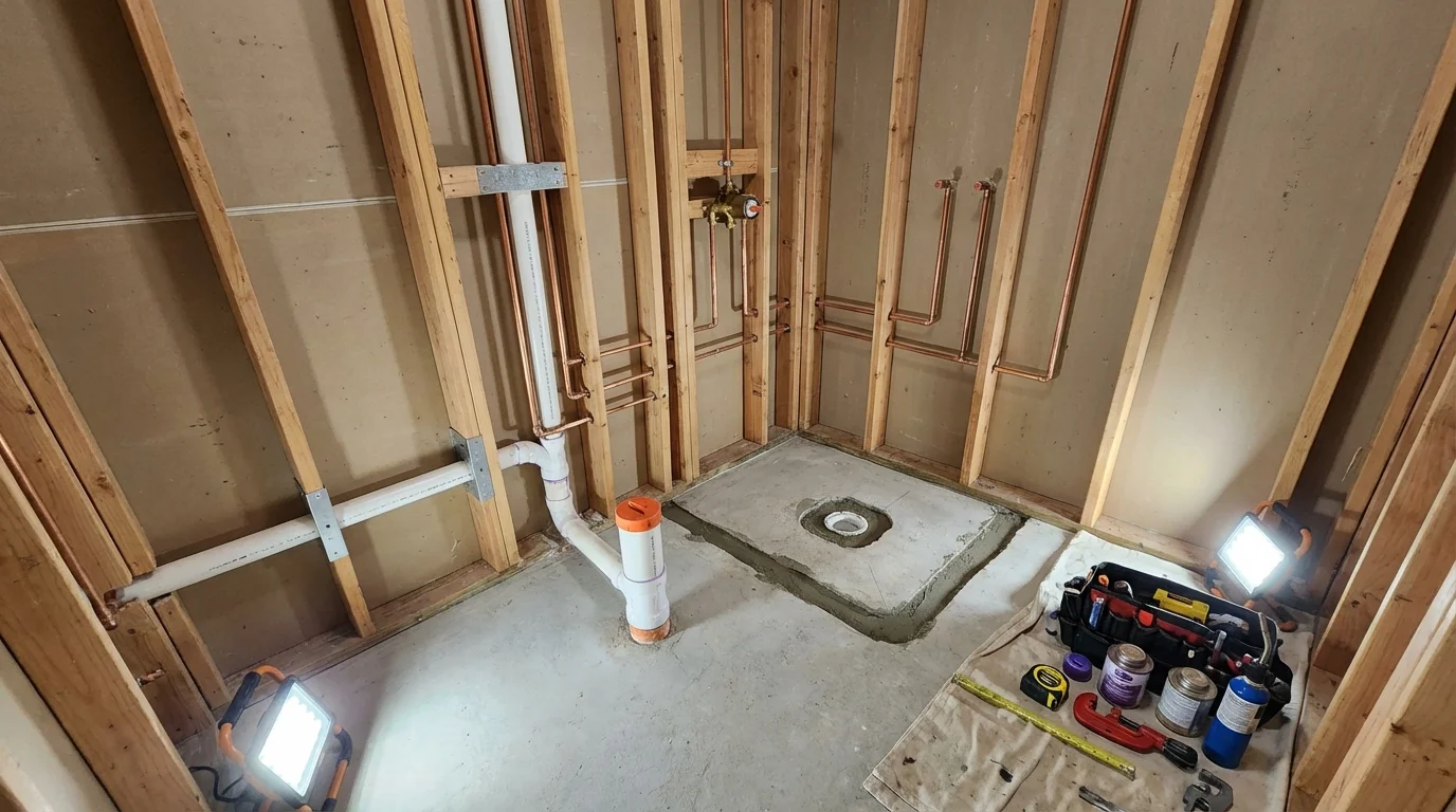 Bathroom rough-in plumbing during remodel by Johns Plumbing LLC in Cavalier