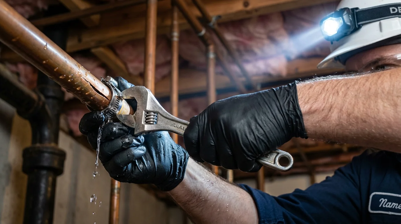 Emergency pipe clamp repair being performed by a Johns Plumbing LLC plumber in Cavalier