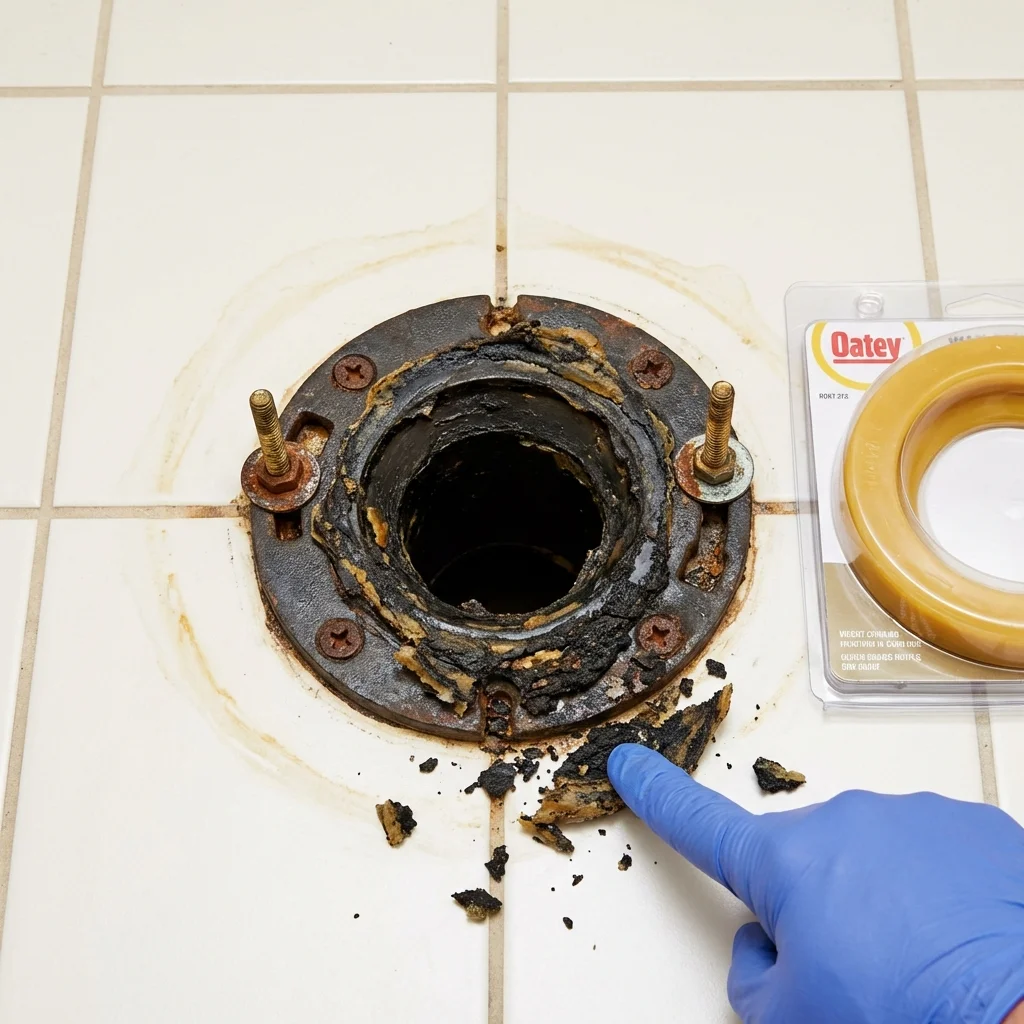 Failed wax ring showing water seepage at the base of a toilet in a Cavalier, ND home