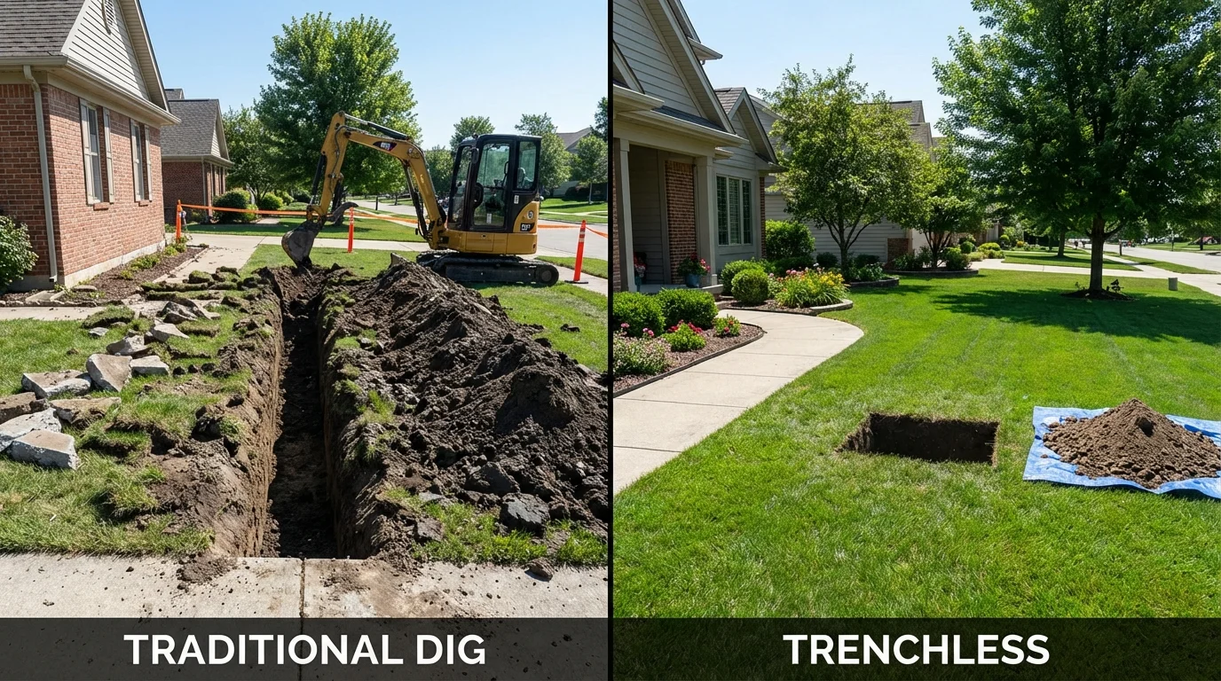 Trenchless sewer repair with minimal yard damage versus traditional excavation in Cavalier, ND