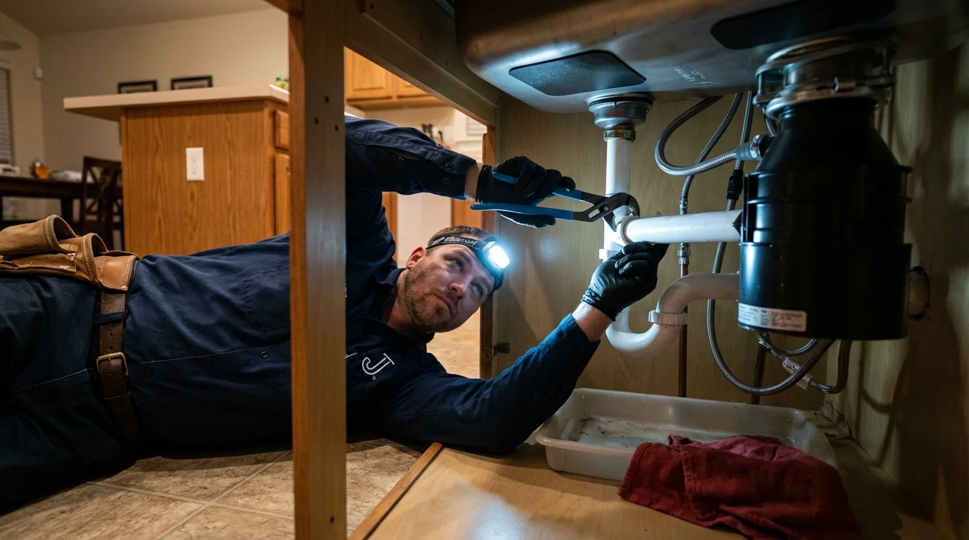 P-trap and supply line connections under a kitchen sink showing a common leak point in Cavalier, ND
